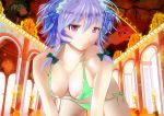  1girl all_fours arcade bat_wings bikini blue_hair braid breast_grab breasts cleavage collarbone flandre_scarlet fresco green_bikini hair_ribbon highres izayoi_sakuya looking_at_viewer maid_headdress miru1979 pink_eyes remilia_scarlet ribbon side-tie_bikini statue swimsuit touhou twin_braids wings 