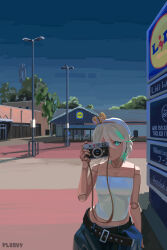  1girl absurdres alternate_costume artist_name belt blue_sky braid building camera cecilia_immergreen commentary cowboy_shot day doll_joints german_text germany green_eyes green_hair grey_hair highres holding holding_camera hololive hololive_english joints lamppost lidl multicolored_hair one_eye_covered outdoors painterly ploovy road shirt short_braid short_hair sky solo store_clerk strapless strapless_shirt two-tone_hair untranslatable_commentary urban virtual_youtuber white_shirt winding_key 
