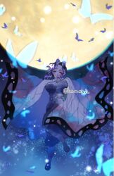  1girl animal_print belt black_jacket black_pants breasts bug butterfly butterfly_hair_ornament butterfly_print buttons closed_eyes commentary_request floating full_moon hair_ornament haori jacket japanese_clothes kimetsu_no_yaiba kochou_shinobu large_breasts medium_hair miku_namu moon outstretched_arms pants parted_bangs print_haori sidelocks solo updo white_belt 