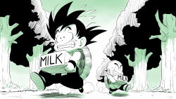  amayuki318 bald black_hair carrying clenched_teeth commentary_request dougi dragon_ball dragon_ball_(classic) drink_carton dust_cloud gradient_background green_background highres kuririn milk_carton nervous nervous_sweating partially_colored road running running_towards_viewer sleeveless son_goku sweat sweatdrop teeth thick_eyebrows tree white_background wristband 