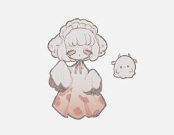  1girl alternate_costume animal_ear_hairband animal_ears animal_print arms_up blush bonnet brown_eyes chibi closed_mouth commentary cow_ear_hairband cow_ears cow_horns cow_print dot_mouth dress fake_animal_ears floating frilled_bonnet frilled_headwear frills ghost ghost_girl gradient_clothes gradient_dress hairband horns light_blush naiguozi original oversized_clothes oversized_dress ribbon short_hair sleeves_past_fingers sleeves_past_wrists untranslatable_commentary white_background white_bonnet white_hair white_headdress white_ribbon wide_sleeves 