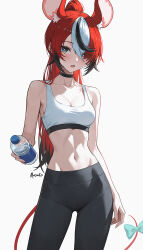  1girl ai-assisted animal_ears black_hair black_streaks blue_eyes blush bottle breasts hair_ornament hakos_baelz highres hololive hololive_english long_hair looking_at_viewer masako_o0 mouse_ears mouse_girl mouse_tail multicolored_hair red_hair shirt smile solo sports_bra sportswear streaked_hair tail twintails virtual_youtuber white_hair 