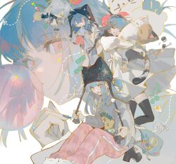 1girl animal_ears animal_hat bag beanie black_boots black_hairband black_hat black_nails black_thighhighs blowing_bubble_gum blue_hair blue_scarf boots candy cat cat_ears cat_hat cat_tail chewing_gum chibi chibi_inset closed_eyes commission cosmetics dress earrings eteru fake_animal_ears fang fingernails food fried_egg grey_sweater hair_ornament hairband hairclip hat highres holding holding_stuffed_toy hood hoodie hug hugging_object jacket jewelry lollipop long_hair long_sleeves looking_at_viewer mihuashi_commission multiple_views nail_polish open_mouth original pants pink_eyes pink_pants ponytail print_sweater ring scarf sharp_fingernails shoes short_ponytail simple_background sitting smile standing sticker stuffed_animal stuffed_cat stuffed_toy sweater tail thigh-highs white_background white_cat white_dress white_shoes 
