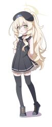  1girl :o adapted_costume alternate_costume armpit_crease bare_arms beret black_dress black_hat black_sailor_collar black_shoes black_thighhighs blonde_hair blue_archive buttons commentary cosplay crossed_arms double-breasted dress fluffy_hair grey_hair halo hat heel_up highres long_hair long_sidelocks looking_at_viewer odyssey_maritime_school_uniform_(blue_archive) open_mouth ponytail professor_niyaniya_(blue_archive) sailor_collar sailor_shirt shirt shoes sidelocks simple_background sleeveless sleeveless_dress solo thigh-highs white_background yellow_halo zettai_ryouiki zundamochi_(sera) 