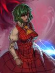  1girl adapted_costume ascot breasts dress glowing glowing_weapon green_hair inishie_kumo juliet_sleeves kazami_yuuka large_breasts long_sleeves looking_at_viewer parasol puffy_sleeves red_dress red_eyes red_lips solo touhou umbrella weapon 
