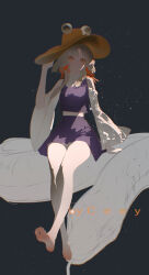  1girl animal animal_print artist_name barefoot blonde_hair brown_hat ceey chinese_commentary commentary_request frog_print full_body hair_ribbon hat highres long_sleeves looking_at_viewer mishaguji moriya_suwako orange_eyes oversized_animal purple_skirt purple_vest red_ribbon ribbon skirt skirt_set snake soles toes touhou tress_ribbon vest white_snake wide_sleeves 