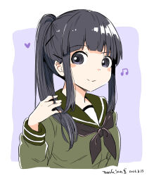  1girl alternate_hairstyle black_hair black_neckerchief commentary_request dated green_sailor_collar green_serafuku green_shirt highres kantai_collection kitakami_(kancolle) kitakami_kai_(kancolle) looking_at_viewer mochisaka_mitsuki neckerchief ponytail purple_background sailor_collar sailor_shirt school_uniform serafuku shirt sidelocks smile solo two-tone_background upper_body 