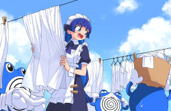  1girl blue_eyes blue_hair blue_sky blunt_bangs blush choshi_nonna clouds commentary_request highres laundry_basket maid maid_headdress open_mouth original outdoors panties pokemon pokemon_(creature) poliwhirl poliwrath sky solo sweatdrop underwear white_panties white_wrist_cuffs wrist_cuffs yachima_tana 