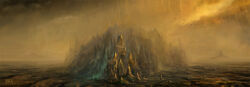  artist_logo commentary eve_online flock flock_of_birds georg_hilmarsson highres landscape logo no_humans outdoors overcast rain rock scenery science_fiction simple_bird sky 