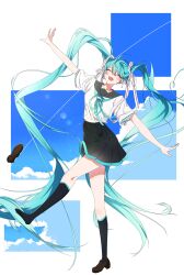  1girl absurdly_long_hair absurdres background_request black_sailor_collar black_skirt black_socks blue_hair blue_neckerchief blue_sky closed_eyes clouds commentary_request full_body hair_ribbon hatsune_miku highres kicking_off_shoe loafers long_hair miniskirt neckerchief open_mouth outstretched_arms pleated_skirt ribbon sailor_collar sailor_shirt school_uniform serafuku shirt shoes single_shoe single_unworn_shoe skirt sky socks solo sui_so_sui_so very_long_hair vocaloid white_ribbon white_shirt 
