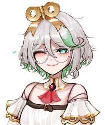  1girl absurdres ascot bare_shoulders bespectacled cecilia_immergreen clothing_cutout colored_inner_hair commentary detached_collar doll_joints glasses green_eyes green_hair grey_hair heart highres hololive hololive_english joints multicolored_hair one_eye_closed portrait red_ascot shirt short_hair shoulder_cutout simple_background smile solo streaked_hair two-tone_hair untranslatable_commentary virtual_youtuber white-framed_eyewear white_background white_shirt winding_key zookacchi 