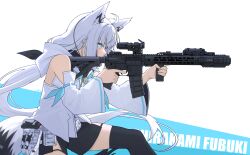  1girl animal_ear_fluff animal_ears ar-15 black_shorts black_thighhighs earphones fox_ears fox_girl fox_tail gun highres hololive hood hoodie long_hair military rifle scope shirakami_fubuki shorts simple_background sniper_rifle solo surefire_mgx tail thigh-highs virtual_youtuber weapon white_background white_hair white_hoodie yonao 