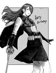  1girl belt black_gloves border breasts cape cowboy_shot gloves grey_background greyscale hair_over_one_eye happy highres holding holding_sword holding_weapon kirijou_mitsuru long_hair long_sleeves looking_at_viewer medium_breasts monochrome neck_ribbon official_alternate_costume parted_lips persona persona_3 persona_3_reload ribbon s.e.e.s screentones seveninks shirt skirt solo standing striped_clothes striped_shirt suspender_skirt suspenders sword twitter_username vertical-striped_clothes vertical-striped_shirt weapon white_belt white_border 