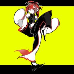  1other black_pants black_shirt black_shoes commentary_request detached_sleeves full_body leg_up letterboxed limited_palette long_hair long_sidelocks looking_at_viewer midriff nijisanji no_socks oshaka_(haguki) other_focus outside_border pants pelvic_curtain ponytail red_eyes red_hair ryuushen ryuushen_(3rd_costume) shirt shoes sidelocks simple_background sleeveless sleeveless_shirt sleeves_past_fingers sleeves_past_wrists standing standing_on_one_leg virtual_youtuber white_sleeves yellow_background 
