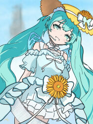  1girl aqua_eyes aqua_hair bare_shoulders blurry blurry_background bow breasts collar commentary_request cowboy_shot dress flower grin hat hat_bow hat_flower hatsune_miku head_tilt headset highres kaila long_hair magical_mirai_(vocaloid) magical_mirai_miku magical_mirai_miku_(2026) small_breasts smile solo sun_hat sunflower thighs twintails very_long_hair vocaloid water_butterfly white_bow white_collar white_dress 