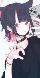 1girl absurdres animal_ears black_choker black_mask blue_archive cat_ears cat_girl cellphone choker colored_inner_animal_ears colored_inner_hair commentary_request extra_ears halo highres holding holding_phone kazusa_(band)_(blue_archive) kazusa_(blue_archive) mask mirror_selfie mouth_mask multicolored_hair phone pink_halo selfie smartphone solo studded_choker studs tadenuma_(wsyn2743) upper_body 