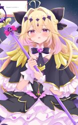  1girl absurdres ana_(vvvvor) antenna_hair black_bow black_bowtie black_capelet black_dress blonde_hair blush bow bowtie braid brooch capelet commentary crossed_bangs cure_arcana_shadow diamond_hairband dress frilled_capelet frilled_dress frills hair_between_eyes hair_bow hair_intakes half_up_braid heart heart_brooch highres jewelry long_hair looking_at_viewer magical_girl meitantei_precure! moria_luluka open_mouth pink_eyes precure purple_veil request_inset solo tear_arcana_rod veil very_long_hair white_wrist_cuffs wrist_cuffs 