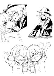  2girls achan_(blue_semi) arm_up asymmetrical_sidelocks blush book boots bow closed_eyes closed_mouth collared_dress collared_shirt commentary_request cropped_torso dateless_bar_"old_adam" dress drooling drunk greyscale hair_bow hairband hat hat_bow holding holding_book kinese_(katasutorohu) kneehighs maribel_hearn medium_hair monochrome mouth_drool multiple_girls multiple_views neck_ribbon one_eye_closed open_book open_mouth ribbon shirt shirt_tucked_in sidelocks sitting sketch skirt smile socks touhou translation_request usami_renko 