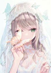  1girl bridal_veil bride brown_hair bug butterfly butterfly_hair_ornament butterfly_on_hand commentary_request dot_nose dress green_eyes hair_ornament hand_up highres long_hair original parted_lips portrait simple_background solo tina_oekaki veil white_background white_dress 