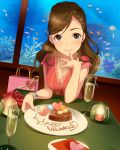  1girl aquarium bag bracelet breasts brown_hair cake candle chocolate chocolate_cake chocolate_heart cleavage cup dessert dish dress etou_misaki_(idolmaster) fish fish_tank food gift glass green_eyes happy_valentine heart ice_cream idolmaster idolmaster_cinderella_girls jewelry jpeg_artifacts light_smile long_hair looking_at_viewer necklace official_art paper_bag pearl_necklace plate sitting solo table valentine watch watch wavy_hair wine_glass 