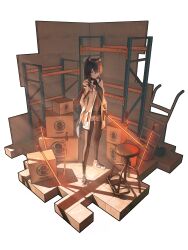  1girl absurdres animal_ear_fluff animal_ears arknights between_fingers black_hair black_pantyhose black_shirt black_tail box brown_gloves cardboard_box closed_mouth commentary english_commentary food full_body gloves grey_shorts hair_between_eyes highres holding holding_sword holding_weapon jacket lit_for_20 long_hair looking_at_viewer official_alternate_costume open_clothes open_jacket orange_eyes pantyhose penguin_logistics_logo planted planted_sword pocky shelf shirt shoes short_shorts shorts solo standing star_(symbol) stool sword tail texas_(arknights) texas_(winter_messenger)_(arknights) weapon white_background white_jacket white_shoes wolf_ears wolf_girl wolf_tail 