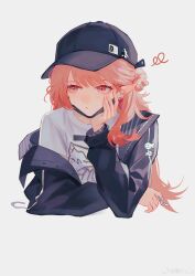 1girl absurdres arknights black_hat black_jacket brown_hair chinese_commentary closed_mouth commentary_request cropped_torso earrings enip_o grey_background grey_shirt haruka_(arknights) haruka_(casual)_(arknights) hat head_on_hand head_rest highres jacket jewelry long_hair long_sleeves looking_to_the_side mask mouth_mask off_shoulder official_alternate_costume peaked_cap pointy_ears red_eyes shirt simple_background solo squiggle t-shirt watermark weibo_watermark 