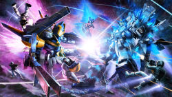  absurdres army assault_rifle battle beam_cannon beam_rifle copyright_notice duel earth_federation energy energy_gun firing fleet glowing gun gundam gundam_battle_operation_2 gundam_unicorn highres holding holding_gun holding_weapon in-franchise_crossover jetpack mecha mecha_pilot_suit mobile_suit nebula normal_suit_(gundam) nt-d official_art pilot realistic rifle robot science_fiction shield soldier space star_(sky) sunrise_(company) tenjin_hidetaka thrusters unicorn_gundam v-fin v2_assault-buster_gundam victory_gundam war weapon zero_gravity 