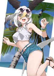  1girl :d alternate_costume bald_eagle_(kemono_friends) bare_arms bare_shoulders beach belt bird_girl bird_tail bird_wings black_hair blonde_hair blue_shorts blush bracelet casual crop_top cutoffs day denim denim_shorts eyewear_on_head flip-flops green_eyes hair_between_eyes head_wings heart heart-shaped_eyewear highres jewelry kemono_friends long_hair looking_at_viewer midriff multicolored_hair navel ocean open_mouth outdoors palm_tree sandals shirt short_hair short_shorts shorts sleeveless sleeveless_shirt smile solo stomach sunglasses tail tanabe_(fueisei) tank_top tree white_belt white_hair white_shirt wings yellow_eyes 