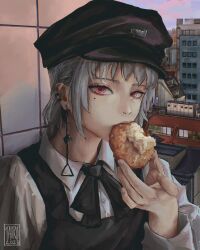  1girl chainsaw_man collared_shirt death_devil_(chainsaw_man) dress_shirt ear_piercing earrings eating fami_(chainsaw_man) hat highres jewelry long_sleeves mole mole_on_cheek mole_under_eye parted_lips peaked_cap piercing pink_eyes red_eyes ringed_eyes school_uniform shirt sunset taorotana tassel tassel_earrings white_hair white_shirt 