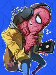  1boy animal_print artist_name backpack bag blue_background bodysuit calling cellphone charm_(object) full_body hand_on_own_chin headphones highres hood hood_down hoodie jacket kuby_hq layered_clothes long_sleeves marvel mask multicolored_bodysuit phone print_bodysuit red_bodysuit silk smartphone solo_focus spider-man spider-man:_brand_new_day spider-man_(series) spider_print spider_web spider_web_print stroking_own_chin superhero_costume sweat thinking twitter_username two-tone_bodysuit 