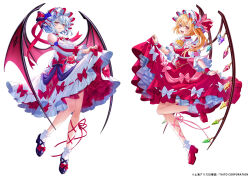  2girls ascot bat_wings blonde_hair blue_hair bow collared_shirt commentary_request copyright_notice crystal crystal_wings embellished_costume flandre_scarlet flower frilled_shirt_collar frilled_wrist_cuffs frills full_body hat hat_flower hat_ribbon high_heels highres holding_own_skirt kiba_tori leg_ribbon leg_up looking_at_viewer mob_cap multicolored_wings multiple_girls one_side_up open_mouth pink_bow pink_flower pink_rose red_ascot red_eyes red_ribbon red_shoes red_skirt red_vest red_wrist_cuffs remilia_scarlet ribbon rose shirt shoes siblings simple_background sisters skirt skirt_bow skirt_set smile socks touhou vest white_background white_bow white_hat white_shirt white_skirt white_socks wings wrist_cuffs yellow_ascot 