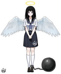  1girl angel_wings artist_logo ball_and_chain_restraint black_hair black_skirt blue_neckerchief brown_shoes chitanda_eru commentary_request cuffs full_body halo hyouka kneehighs loafers logo looking_at_viewer mery_(yangmalgage) neckerchief own_hands_together pleated_skirt sailor_collar sailor_shirt school_uniform serafuku shackles shirt shoes short_sleeves single_ankle_cuff skirt smile socks solo violet_eyes white_shirt white_socks wings 