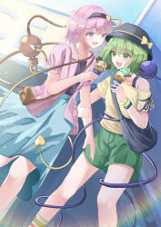  2girls absurdres adapted_costume alternate_costume bag black_bag black_hairband black_hat blue_skirt bow brown_bag commentary_request disembodied_linked_eye eyeball green_eyes green_hair green_shorts hair_ornament hairband hat hat_bow heart heart_hair_ornament highres holding holding_another's_arm holding_ice_cream_cone ice_cream_cone komeiji_koishi komeiji_satori medium_hair multiple_girls open_clothes open_mouth open_shirt pink_eyes pink_hair pink_shirt shirt short_sleeves shorts shoulder_bag siblings sisters skirt smile touhou uruna00 yellow_bow yellow_shirt 