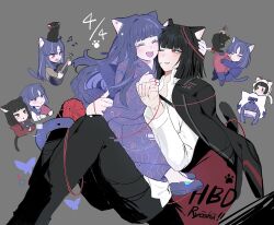  2girls :o animal animal_ears animalization araya_(project_moon) arr_1l backpack bag black_hair black_jacket black_pants blue_eyes blue_hair blue_kimono blush bug butterfly cat cat_ears cat_girl cat_tail character_name chibi chibi_inset closed_eyes collared_shirt commentary dated english_commentary food fruit full_body grey_background guitar hand_on_another's_head happy_birthday highres holding holding_animal holding_cat holding_food holding_guitar holding_instrument hug instrument jacket jacket_on_shoulders japanese_clothes kimono limbus_company long_hair multicolored_hair multiple_girls musical_note one_eye_closed open_mouth pants pinky_swear project_moon randoseru red_eyes ryoshu_(project_moon) shirt short_hair simple_background smile streaked_hair string string_of_fate tail wataboushi watermelon watermelon_slice white_shirt yarn yarn_ball 