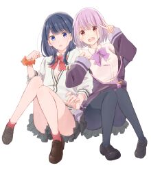  2girls absurdres black-framed_eyewear black_hair black_shoes black_skirt blue_eyes bow bowtie brown_shoes cardigan collared_shirt commentary convenient_leg full_body grabbing_another's_arm grey_pantyhose grey_skirt gridman_universe highres jacket light_blush long_hair long_sleeves looking_at_viewer multiple_girls nokuro open_mouth orange_scrunchie pantyhose pleated_skirt purple_bow purple_bowtie purple_hair purple_jacket red_bow red_bowtie red_eyes school_uniform scrunchie shinjou_akane shirt shoes short_hair skirt sleeves_past_wrists smile ssss.gridman takarada_rikka transparent_background v white_cardigan white_shirt wrist_scrunchie 