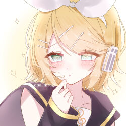 1girl :< black_sailor_collar black_sleeves blonde_hair blush bow closed_mouth detached_sleeves ena_eokakutori green_eyes hair_bow hair_ornament hairclip headphones highres kagamine_rin parallel_hairclips portrait sailor_collar shirt short_hair sleeveless sleeveless_shirt treble_clef vocaloid white_bow white_shirt yellow_trim 