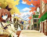  1girl bench blue_eyes blue_sky book brown_hair building carriage city clouds hair_ribbon lamppost long_hair looking_at_viewer lucena_winter mountain original ribbon side_ponytail sitting sky solo yuuhagi_(amaretto-no-natsu) 