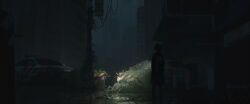  1girl 3d backpack bag barricade building car chinese_commentary city commentary_request facing_away flashlight_beam from_behind highres hlxen motor_vehicle night original outdoors overgrown police_car power_lines puddle rain reflection shirt short_hair skeleton skirt skyscraper solo standing transformer utility_pole 
