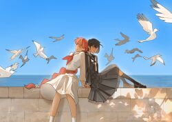  2girls bird black_eyes black_hair black_sailor_collar black_serafuku black_shirt black_skirt black_socks blue_sky braid brown_shoes commentary day dress english_commentary highres holding_hands horizon lara_(sayonara_lara) long_hair multiple_girls neckerchief ocean ootsu_mari outdoors planeitari pleated_skirt red_hair red_neckerchief sailor_collar sayonara_lara school_uniform seagull serafuku shirt shoes short_hair single_braid skirt sky socks very_long_hair white_bird white_dress white_neckerchief yuri 