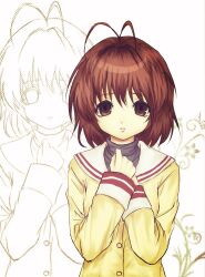  1girl antenna_hair brown_eyes brown_hair clannad commentary furukawa_nagisa gaaraholic_(kuku) hair_between_eyes hands_on_own_chest highres hikarizaka_private_high_school_uniform jacket long_sleeves looking_at_viewer parted_lips sad sailor_collar school_uniform short_hair solo untranslatable_commentary white_sailor_collar white_wrist_cuffs wrist_cuffs yellow_jacket zoom_layer 