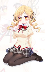 1girl black_pantyhose black_shoes black_skirt blonde_hair bow bowtie closed_mouth collared_shirt commentary dot_nose drill_hair english_commentary flower_hairpin full_body hand_on_ground hand_on_own_chest happy high_collar highres juliet_sleeves kneeling knees lace-trimmed_sleeves lace_trim layered_shirt light_blush long_hair long_sleeves mahou_shoujo_madoka_magica mahou_shoujo_madoka_magica_(anime) miniskirt mitakihara_school_uniform pantyhose plaid_clothes plaid_skirt pleated_skirt pocket puffy_sleeves red_bow red_bowtie school_uniform shadow shimo_shiina shirt shoes sitting skirt sleeve_cuffs smile solo tareme tomoe_mami twin_drills wariza white_background yellow_eyes yellow_shirt zoom_layer