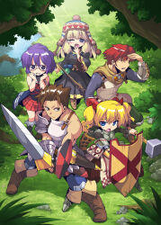  2boys 3girls arm_up black_bodysuit black_gloves black_robe blonde_hair blue_pants bodysuit boots bow_(weapon) brown_boots brown_hair buckler bush closed_mouth collarbone commentary_request earrings fingerless_gloves fingernails forest fortress_(sekaiju) fortress_2_(sekaiju) full_body glasses gloves goggles green_pants hair_between_eyes hammer hand_up holding holding_bow_(weapon) holding_hammer holding_shield holding_sword holding_weapon jewelry knit_hat kurogarasu legs_apart looking_at_viewer lower_teeth_only medic_(sekaiju_4) medic_2_(sekaiju_4) multiple_boys multiple_girls nature official_alternate_color one_eye_closed open_mouth outdoors pants plaid_clothes plaid_skirt pom_pom_(clothes) ponytail pouch purple_hair red-framed_eyewear red_hair red_skirt river robe rock rune_master_(sekaiju) rune_master_2_(sekaiju) sailor_collar scabbard sekaiju_no_meikyuu sekaiju_no_meikyuu_4 sheath shield short_hair skirt sniper_(sekaiju) sniper_3_(sekaiju) standing sword swordsman_(sekaiju_4) swordsman_1_(sekaiju_4) tearing_up teeth tree twintails vambraces weapon white_sailor_collar wide_sleeves yawning 