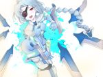  1girl ahoge blazblue bodysuit eyepatch mecha_musume nu-13 red_eyes silver_hair tears weapon 