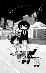  2girls bug bug_cage building city fish fish_through_head greyscale hat holding_own_skirt jacket kneeling lapels long_sleeves looking_at_viewer monochrome multiple_girls necktie night notched_lapels original outdoors pleated_skirt shirt shoes shooting_star short_hair short_sleeves skirt skyscraper standing t-shirt tiantokot unworn_shoes uwabaki 