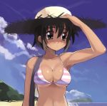   beach bikini blush breasts dark_skin hat short_hair swimsuit tanned_skin  