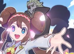  1boy 1girl cloak closed_eyes closed_mouth clouds day falling_petals ghetsis_(pokemon) green_hair happy high_collar official_alternate_costume outdoors petals pokemoa pokemon pokemon_bw2 pokemon_masters_ex rosa_(pokemon) silhouette sky smile split_mouth 