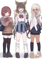  &gt;_&lt; 3girls alternate_costume bag baggy_socks bell black_hair black_thighhighs blue_eyes blunt_bangs blush bow bowtie brown_cardigan bubble_tea cardigan chabashira_tenko choker collared_shirt danganronpa_(series) danganronpa_v3:_killing_harmony dark-skinned_female dark_skin full_body ganguro gem_hair_ornament gyaru hair_ornament hair_ribbon hairband hashtag-only_commentary highres holding holding_phone kneehighs knees long_hair long_sleeves looking_at_viewer loose_bowtie low_twintails mikone_xx mole mole_under_mouth multiple_girls neck_bell open_mouth phone pink_choker plaid_clothes plaid_skirt pleated_skirt red_eyes red_hair ribbon school_bag school_uniform shirt short_hair shorts shorts_under_skirt simple_background skirt smile socks standing thigh-highs twintails v very_long_hair white_background white_hair white_shirt yonaga_angie yumeno_himiko 