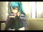  1girl aqua_eyes aqua_hair bad_id hatsune_miku jirou_(pixiv50108) jirou_(slept) leg_hug long_hair nail_polish sitting solo tears thighhighs twintails vocaloid 