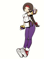  1girl beeru_(veil8801) bodysuit braid breasts brown_eyes brown_hair dougi fingerless_gloves full_body gloves grin hair_ribbon headband highres long_hair medium_breasts purple_bodysuit purple_gloves red_headband red_ribbon red_shoes ribbon ryuuko_no_ken shoes simple_background single_braid smile solo teeth the_king_of_fighters thumbs_up white_background yuri_sakazaki 
