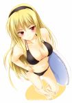  artist_name bikini blonde_hair blush breasts foreshortening from_above hairband hand_on_hip highres hime_(kaibutsu_oujo) innertube kaibutsu_oujo long_hair oppai_kenmin perspective red_eyes slit_pupils solo swimsuit 